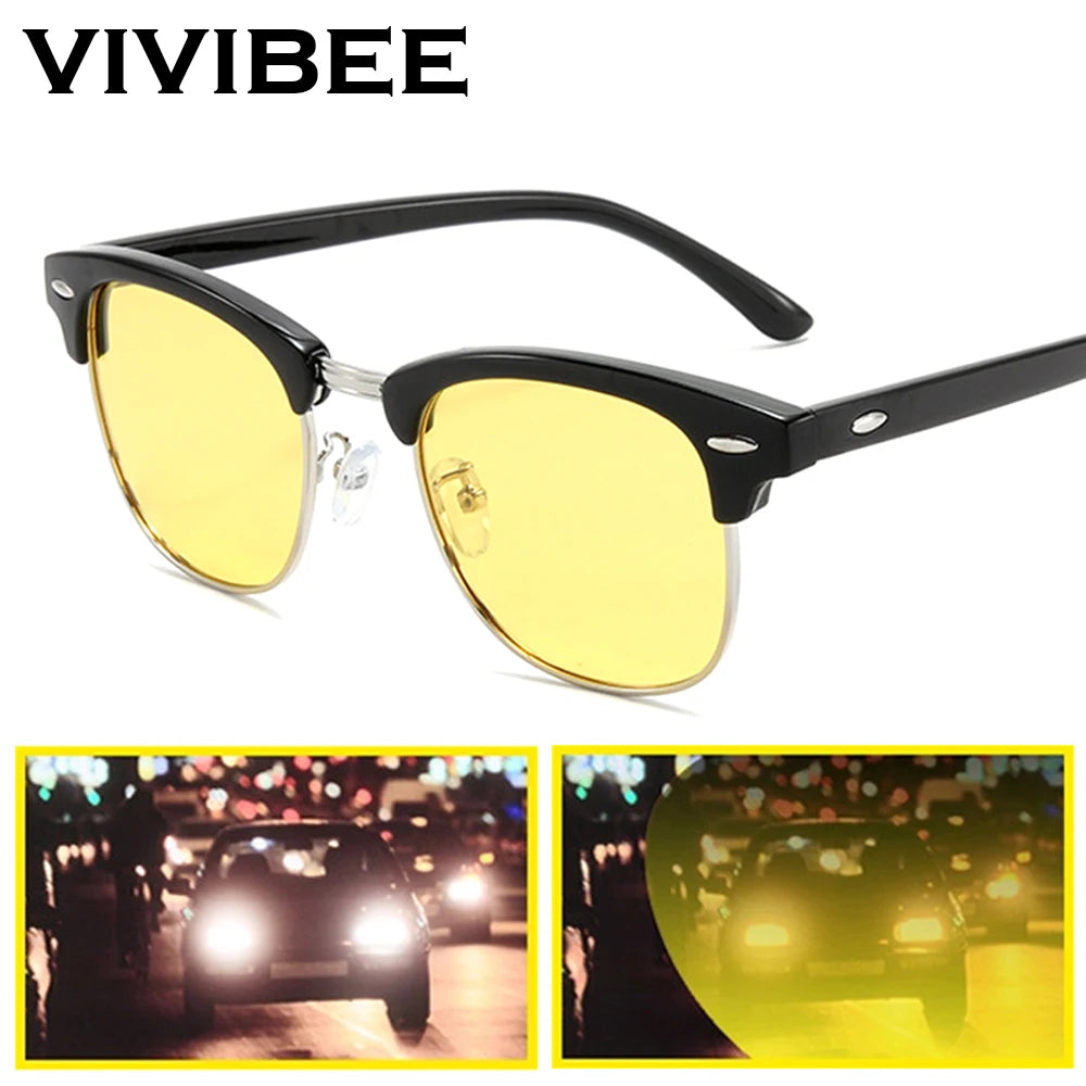 VIVIBEE Semi-Rimless Night Vision Glasses for Driving Men Yellow Polarized Lens Goggles Classic Square Driving Women Eyeglasses